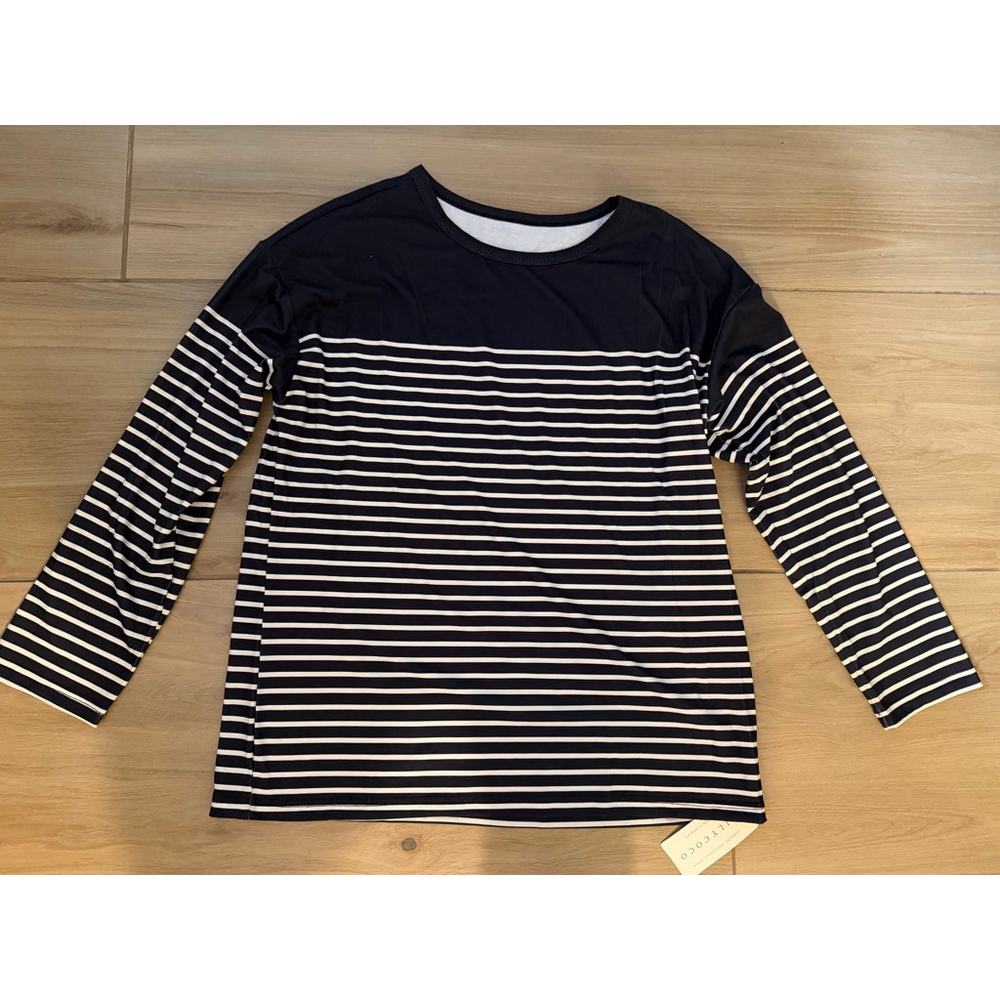 NEW 3/4 Length Sleeve Cotton Top Striped Crew Neck Shirt S